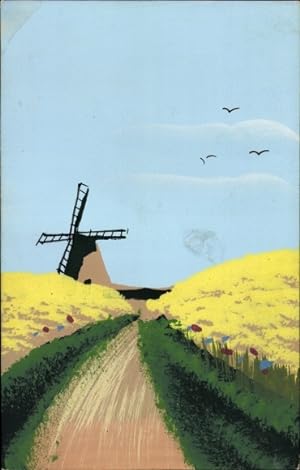 Handgemalt Ansichtskarte / Postkarte Windmühle, Felder, Straße, MMB-Serie 402