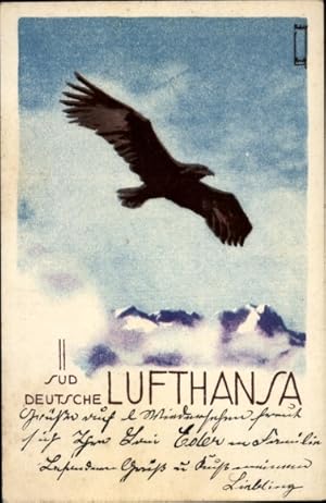 Künstler Ansichtskarte / Postkarte Süd-Deutsche Lufthansa, Adler über den Alpen, Reklame
