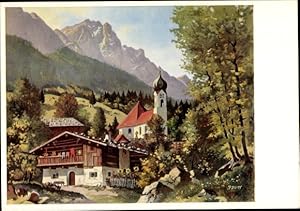 Bild des Verkufers fr Knstler Ansichtskarte / Postkarte Saum, Hans, Bauernhaus in Grainau, Kirche zum Verkauf von akpool GmbH