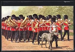 Künstler-Postcard The Irish Guards with their Mascot marching through the park