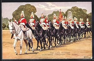 Postcard The Life Guards marching through the park, Britische Soldaten in Uniform zu Pferde