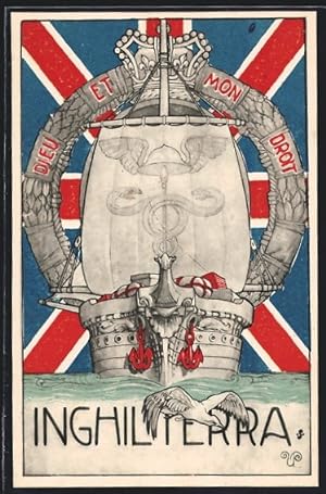 Postcard Versorgungsschiff der britischen Marine, königliche Insignien
