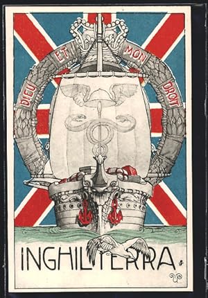 Postcard Inghilterra, Kriegsschiff der Royal Navy, britische Fahne Union-Jack