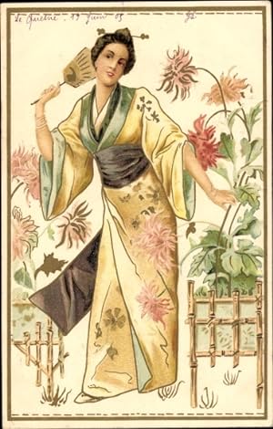 Bild des Verkufers fr Ansichtskarte / Postkarte Junge Frau in japanischer Tracht, Garten, Blumen zum Verkauf von akpool GmbH