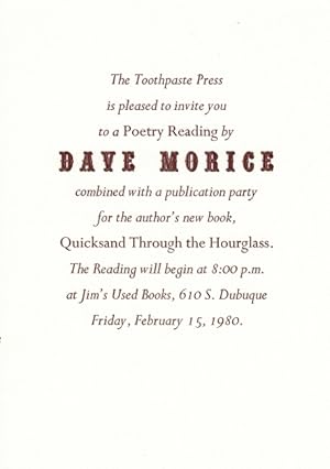 The Toothpaste Press is pleased to invite you to a poetry reading by Dave Morice