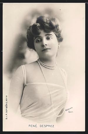Ansichtskarte Schauspielerin Rne Desprez im Kleid mit Spagetthiträgern und Perlenkette