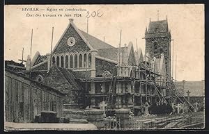 Carte postale Biville, Eglise en construction, Etat des trauvaux en Juin 1924