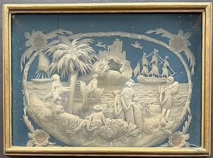 A Dutch papercut diorama Bavalaar of a river scene with palm trees, figures gathering the harvest...