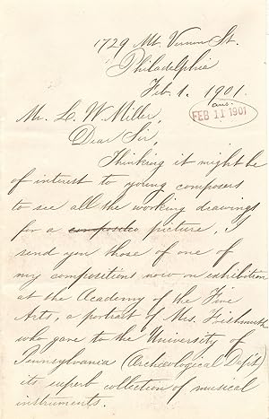 Eakins Rare Autograph Letter Signed on painting, Feb. 11, 1901