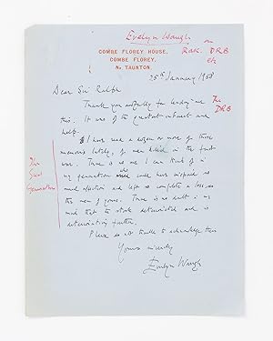 Image du vendeur pour An unpublished autograph letter signed 'Evelyn Waugh', dated 25 January 1958 and addressed to Sir Ralph Furse, in relation to memoirs of the First World War mis en vente par Michael Treloar Booksellers ANZAAB/ILAB