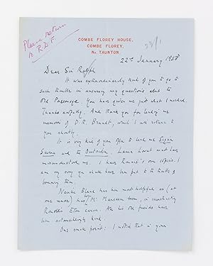 Seller image for An unpublished autograph letter signed 'E. Waugh', dated 22 January 1958 and addressed to Sir Ralph Furse, in relation to research for his biography of Monsignor Ronald Knox for sale by Michael Treloar Booksellers ANZAAB/ILAB