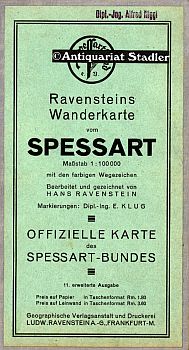 Ravensteins Wanderkarte vom Spessart mit farbigen Wegzeichen. Markierungen: E. Klug. Offizielle K...