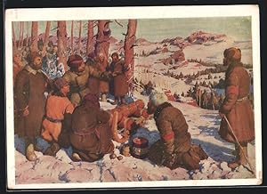 Bild des Verkufers fr Knstler-Ansichtskarte Sibirien, Sibirische Partisanen auf einem Berg, Russischer Brgerkrieg zum Verkauf von Bartko-Reher