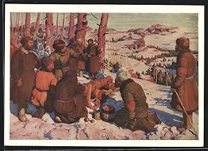 Bild des Verkufers fr Knstler-Ansichtskarte Sibirien, Sibirische Partisanen auf einem Berg, Russischer Brgerkrieg zum Verkauf von Bartko-Reher