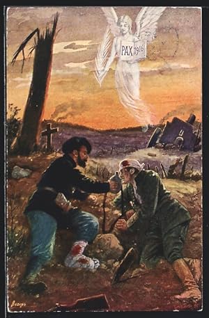 Künstler-Ansichtskarte Verletzte Soldaten teilen Wasser auf dem Schlachtfeld, PAX 1916