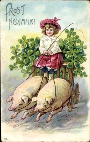 Präge Ansichtskarte / Postkarte Fröhliches Neujahr, Schweine ziehen Kutsche, Klee, Mädchen