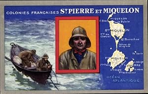 Image du vendeur pour Landkarten Ansichtskarte / Postkarte Saint Pierre et Miquelon, Colonies Francaises, Mnner im Boot mis en vente par akpool GmbH