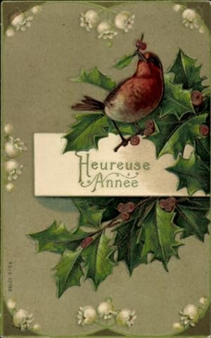Präge Ansichtskarte / Postkarte Glückwunsch Neujahr, Vogel, Stechpalme, Maiglöckchen