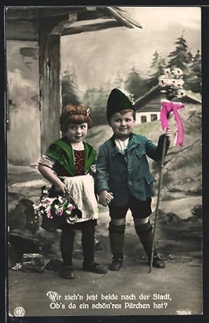 Bild des Verkufers fr Foto-Ansichtskarte NPG Nr. 7926 /6: Neue Photographische Gesellschaft: Kinderpaar mit Blumenkorb zum Verkauf von Bartko-Reher