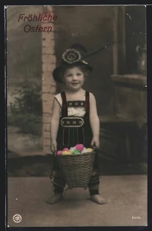 Bild des Verkufers fr Foto-Ansichtskarte NPG Nr. 1414: Neue Photographische Gesellschaft: Kleiner Junge mit Osterkorb, Ostergruss zum Verkauf von Bartko-Reher
