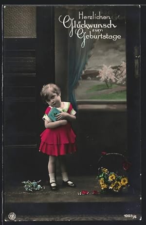 Bild des Verkufers fr Foto-Ansichtskarte NPG Nr. 1003 /6: Neue Photographische Gesellschaft: Kleines Mdchen mit Bilderbuch, Geburtstagsgruss zum Verkauf von Bartko-Reher