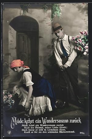 Bild des Verkufers fr Foto-Ansichtskarte NPG Nr. 312 /1: Neue Photographische Gesellschaft: Wandersmann kehrt zur Frau zurck zum Verkauf von Bartko-Reher