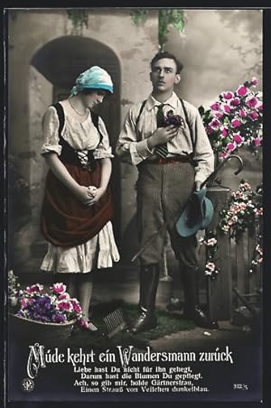 Bild des Verkufers fr Foto-Ansichtskarte NPG Nr. 312 /5: Neue Photographische Gesellschaft: Wandersmann kehrt zur Frau zurck zum Verkauf von Bartko-Reher