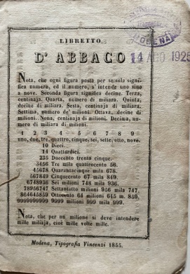 Immagine del venditore per Libretto d'Abbaco. Nota, che ogni figura posta per se sola significa numero, ed il numero, s'intende uno sino a nove. Seconda figura significa decine. Terza, centinaja. Quarta, numero di miliara. Quinta, decine di miliara. venduto da LIBRERIA PAOLO BONGIORNO