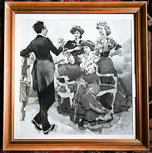 Elegante Szene in Salon, Herr in Frack unterhält drei junge Damen. Mischtechnik in Tusche, Kohle,...