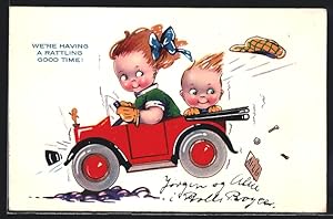 Bild des Verkufers fr Knstler-Ansichtskarte Kinder in einem roten Auto zum Verkauf von Bartko-Reher