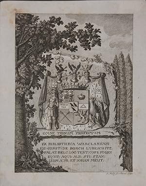 Zwischen Bäumen das Wappen, darunter Wahlspruch "Ex Bibliotheca Warclanensi ex:Comit: de Borch Lu...