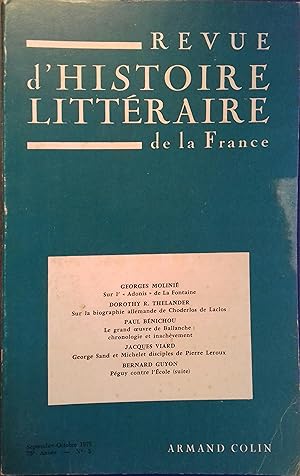 Revue d'histoire littéraire de la France 75e année - N° 5. Sur l'Adonis de La Fontaine (Molinié)....
