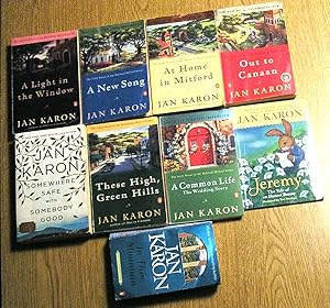 Imagen del vendedor de Lot of 9 Jan Karon paperback books: Mitford Novels 1-7 & 12: At Home in Mitford; A Light in the Window; These High, Green Hills; Out to Canaan; A New Song; A Common Life; In This Mountain; Somewhere Safe with Somebody Good; and a childeren's book: Jeremy a la venta por SmarterRat Books