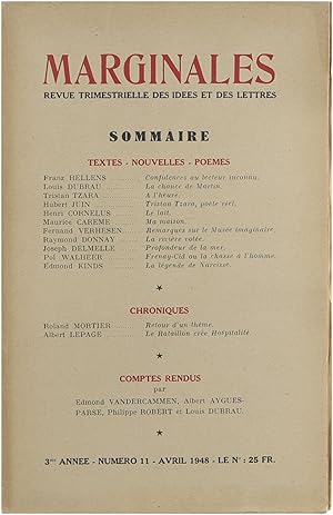 Bild des Verkufers fr Marginales - Revue Trimestrielle des Ides, des Arts et des Lettres - 3me anne numro 11 avril 1948 zum Verkauf von Untje.com