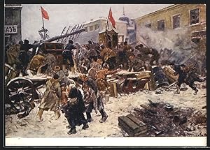 Künstler-Ansichtskarte Volk und Soldaten beim Barrikadenkampf während der Revolution 1905