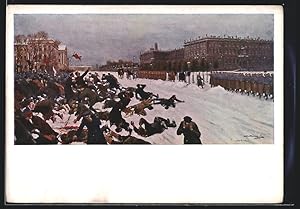 Künstler-Ansichtskarte St. Petersburg, Erschiessung der Manifestanten am 9.1.1905 beim Winterpalais