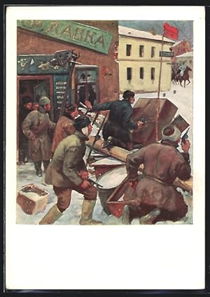 Künstler-Ansichtskarte Revolutionäre bei einer Strassenbarrikade, Revolution 1905