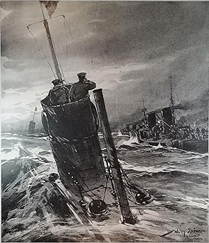 Lithographie 1914. Deutsche Unterseeboote auf Vorposten.