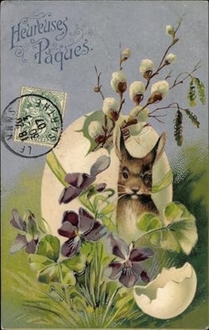Ansichtskarte / Postkarte Glückwunsch Ostern, Hase, Veilchen, Osterei, Weidenkätzchen