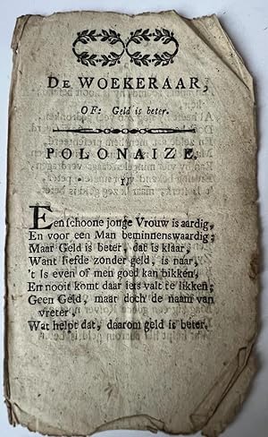 Rare printed song [s.d.] De Woekeraar, of: Geld is beter. Polonaize, 4 pp. Zeldzame polonaise lie...