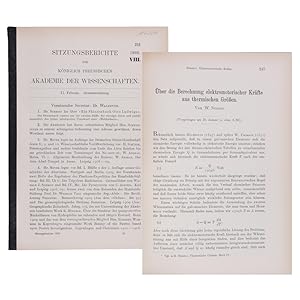 Bild des Verkufers fr ber die Berechnung elektromotorischer Krfte aus thermischen Gren. SS. 247-367. In: Sitzungsberichte der kgl. preuss. Akademie der Wissenschaften. Heft 8. zum Verkauf von Antiquariat Gerhard Gruber