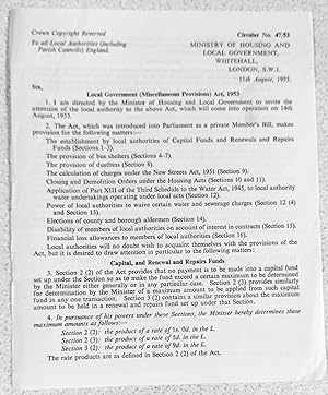 Seller image for LOCAL GOVERNMENT (MISCELLANEOUS PROVISIONS) ACT, 1953 Circular No 47/53 11th August,1953 for sale by Shore Books