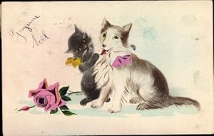 Bild des Verkufers fr Knstler Ansichtskarte / Postkarte Schwarze Katze, Hund mit Schleife, Rose zum Verkauf von akpool GmbH