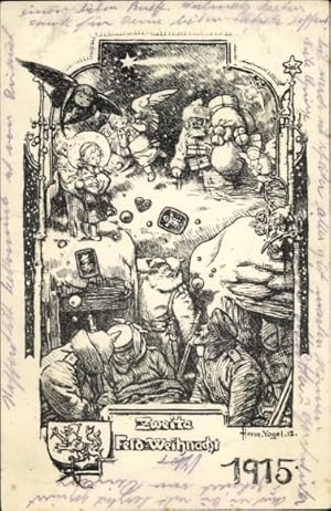 Künstler Ansichtskarte / Postkarte Vogel, Zweite Feld-Weihnacht 1915, Soldaten im Unterstand, Wei...