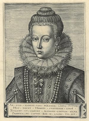 Seller image for MARIA MEDICI, Knigin von Frankreich (1573 - 1642). "An quid habent veri praesagia loeta Futuri Hoc docet Henrici coniugialis amor". Brustbild nach halblinks der Gemahlin Knig Heinrichs IV. von Frankreich, in reich verzierter Kleidung mit Spitzkragen, Perlenkette und Schmuck. for sale by Peter Bierl Buch- & Kunstantiquariat Inh.: Andrea Bierl