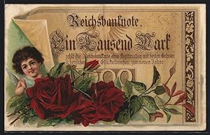 Ansichtskarte Reichsbanknote Ein Tausend Mark, Engel und Rosen, Geld