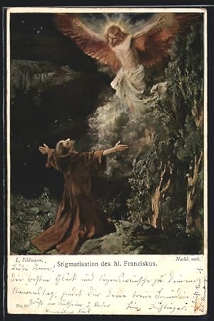Künstler-Ansichtskarte L. Feldmann: Stigmatisation des hl. Franziskus, dem Mönch erscheint ein Engel