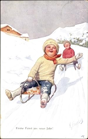 Künstler Ansichtskarte / Postkarte Feiertag, K., Glückwunsch Neujahr, Kinder fahren Schlitten