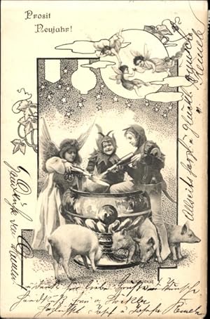 Ansichtskarte / Postkarte Glückwunsch Neujahr, Kinder am großen Kessel, Punsch, Schweine