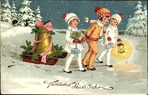 Ansichtskarte / Postkarte Glückwunsch Neujahr, Kinder, Glocke, Schlitten